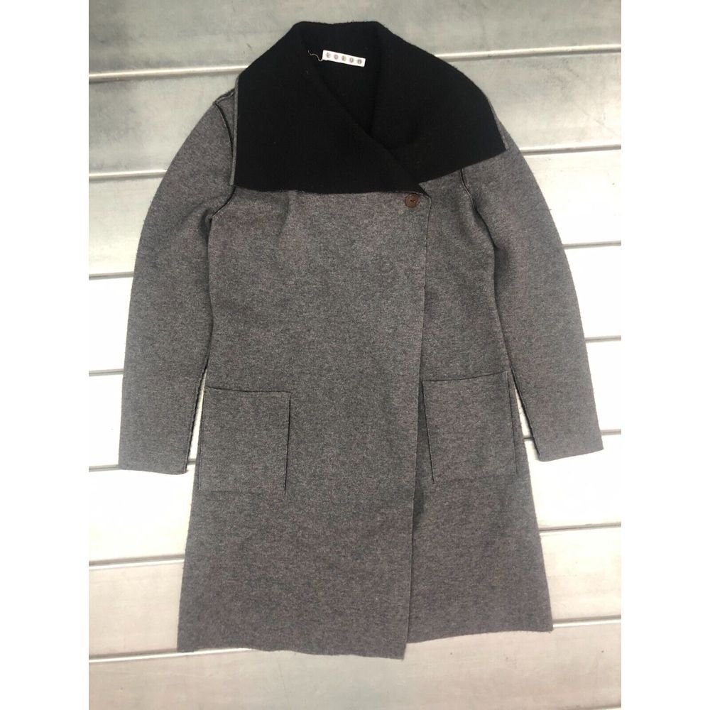 Kokun‎ Jacket Womens Medium Gray Black Cashmere Wool Wide Collar Outerwear